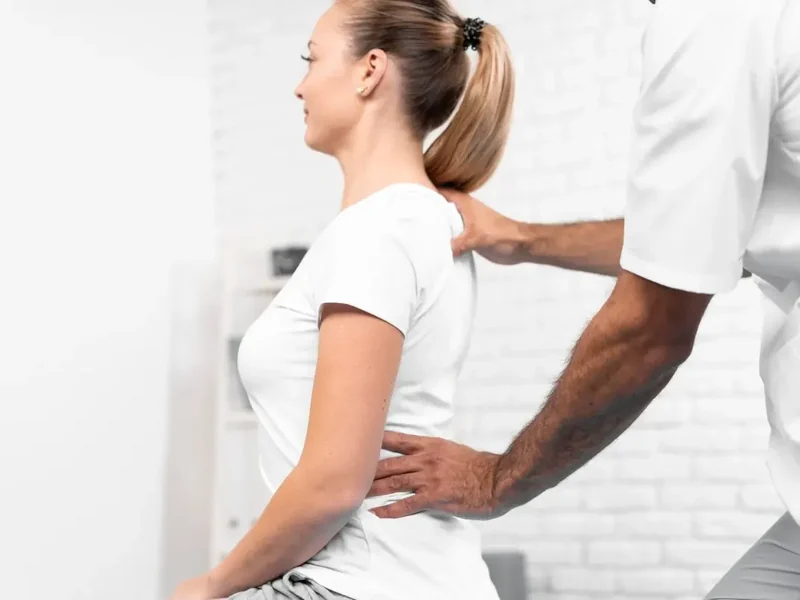 licensed physical therapist performing spinal manipulation on a patient's upper back