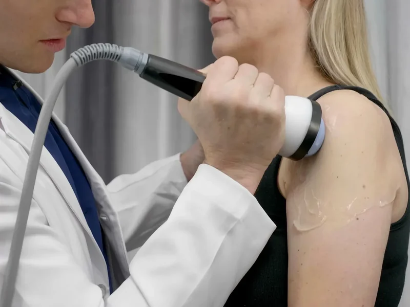 licensed physical therapist applying StemWave acoustic wave therapy to a patient's shoulder